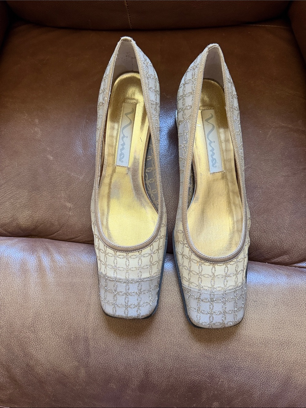 Nina Cream and Gold Patterned Square-Toe Pumps